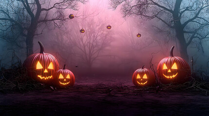 Glowing Pixel Art Carved Pumpkins With Flying Bats In Spooky Dark Forest On Halloween Night With Purple Fog