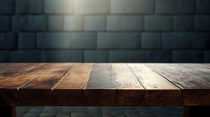 Illuminated Empty Wooden Table Against A Gray Brick Wall Backdrop In A Dark Interior Setting