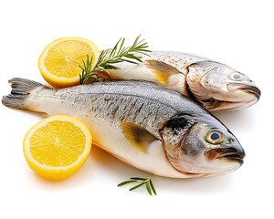 Fresh fish, lemon, rosemary, white background
