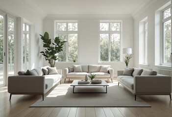 A modern and minimalist living room with white walls, hardwood floors, and large windows.