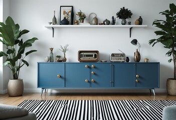 Mid-century modern living room with blue sideboard and decorative shelf above it.