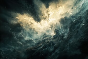 Fototapeta premium Vast clouds swirl in a dramatic sky during twilight hours over a tranquil landscape