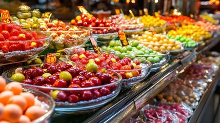 Obraz premium Colorful Display of Fresh Fruits in Market Baskets at Local Stand