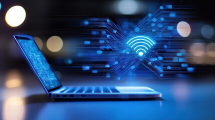 Blue Illuminated Laptop Screen With Wireless Symbol And Digital Circuitry Against Blurred Background