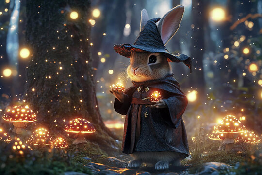 Magical rabbit wearing a wizard hat in an enchanting forest filled with glowing mushrooms and soft light - Powered by Adobe