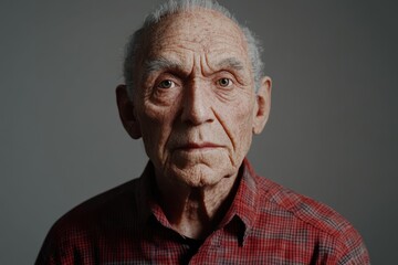 Obraz premium Elderly man with deep wrinkles and a serious expression wearing a plaid shirt