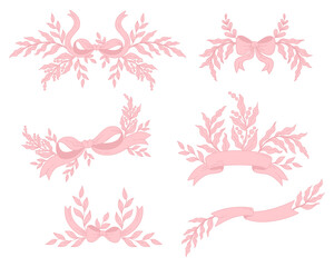 Vintage coquette pink ribbon bow with plants, floral banner set. Romantic girly vibe. Vector illustration. Isolated Trendy aesthetic elements perfect for designs, invitations and decoration