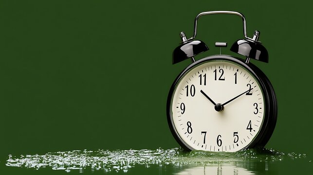 Black alarm clock on green background