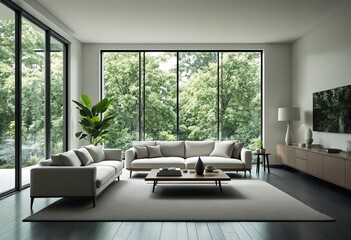 A modern living room with two light gray couches and a large window.