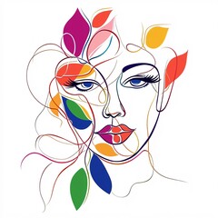 Minimalist Line Drawing of Woman's Face with Floral Elements