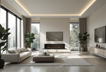 A modern living room with sleek furniture and natural light pouring in through large windows.