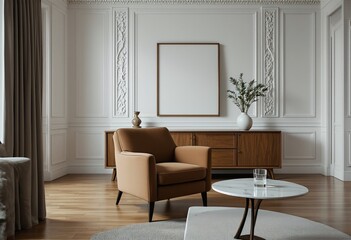 mid-century modern living room with beige armchair and marble coffee table.