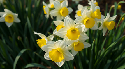 Fototapeta premium White daffodil flowers during springtime. Bunch of white daffodil flowers in the garden