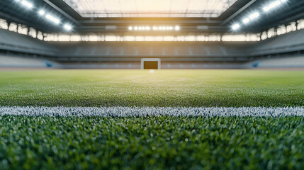 Vibrant Green Soccer Field With White Lines And Goal Post Under Bright Sunlight In Large Stadium