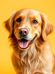 Golden retriever dog, a happy and cute purebred canine friend on yellow background.