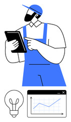 Worker in overalls uses tablet for ideas, analysis with light bulb and growth chart. Ideal for business, innovation, technology, labor, analytics, efficiency planning. Flat simple metaphor