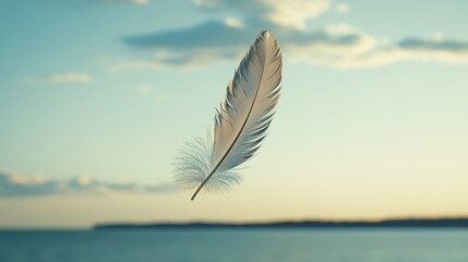 Single white feather floats gently against a serene sunset sky over calm ocean water.