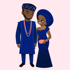 African Couple in Traditional Wedding Attire, Vector Illustration