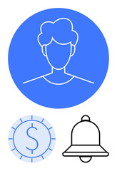 Simplified user profile avatar with coin representing money and notification bell symbolizing alerts. Ideal for finance, user interaction, app UX design, e-commerce, digital communication, online