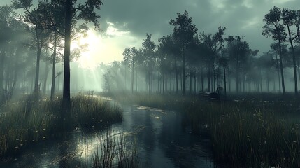 A frosty river winding through a snowy forest, with beams of sunlight breaking through the overcast sky above.