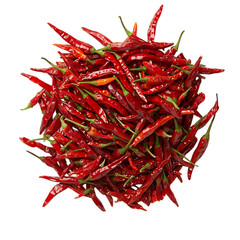 Fototapeta premium A Pile of Bright Red Chili Peppers with Green Stems Isolated on Transparent Background