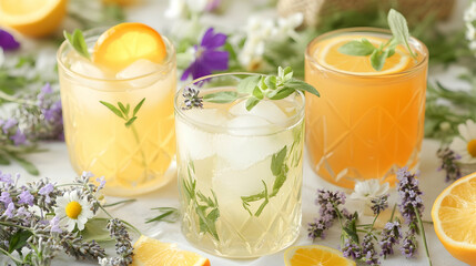 Fototapeta premium Refreshing summer drinks with citrus fruits and herbs garnished with lavender and chamomile flowers. Perfect for a hot summer day.