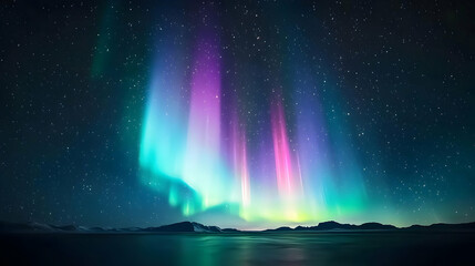 Vibrant Northern Lights Display Over Icy Waters Reflecting Aurora Borealis with Stars and Dark Sky