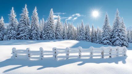A snow-draped forest glowing in the light of the sun breaking through scattered clouds on a crisp winter morning.