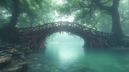 Misty Root Bridge Over Still Water