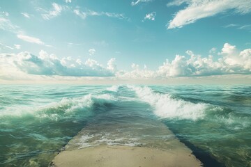 Naklejka premium Waves crashing against a serene beach pathway under a bright sky