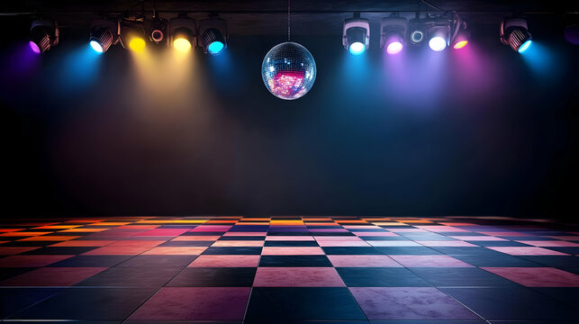 Empty Disco Dance Floor With Colorful Checkered Tiles And Illuminated Disco Ball Under Stage Lights