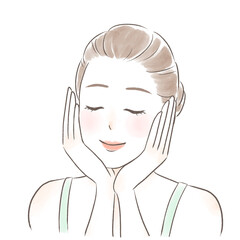 目を閉じて両手で頬を包むキャミソールを着た笑顔の女性