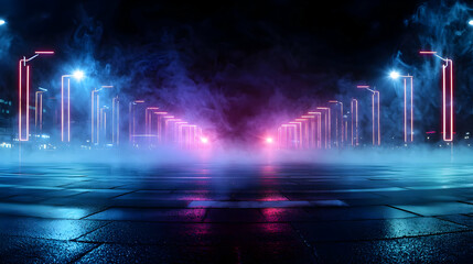Dark Futuristic City Street With Neon Lights Smoke Fog Wet Asphalt And Reflections In Cyberpunk Style Cinematic Scene With Empty Space For Product Placement