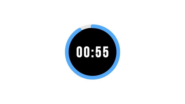 One minute countdown timer animation. Countdown from 60 to 0 digital clock with transparent background. 1 minute timer animation. 