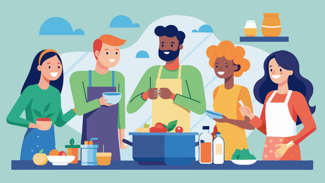 An impromptu cooking competition sparks in the communal kitchen as friends challenge each other to whip up the tastiest dish using only random ingredients found in the pantry.. Vector illustration