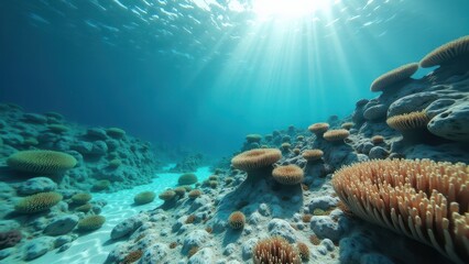 Obraz premium Underwater view of bleached coral heads on sandy ocean floor with sunlight rays 