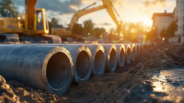 Large concrete sewer pipes at construction site with excavator in sunset
