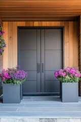 Step into a stunning entrance featuring sleek, modern double doors flanked by bright, vibrant flower pots that warmly invite guests into this contemporary home