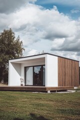 Obraz premium A contemporary minimalist house showcases elegant wooden features, beautifully nestled within a lush green landscape under a cloudy sky