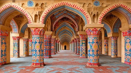 Obraz premium Ornate hallway with arched pillars and intricate colorful tile patterns throughout