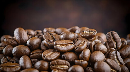 Fototapeta premium Close Up Of Roasted Brown Coffee Beans Piled High Against A Dark Brown Blurred Background With Warm Lighting