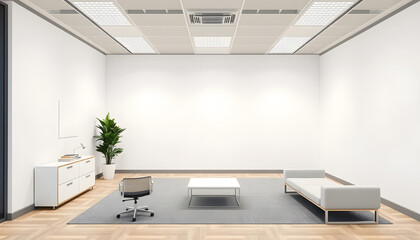 Empty office space with blank wall and modern furniture. 3D Rendering, doodle art. with white shades