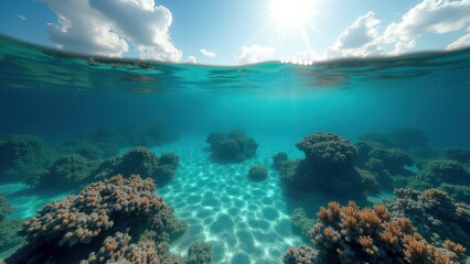 Split view of coral bleaching underwater with clear ocean surface and sunlight	