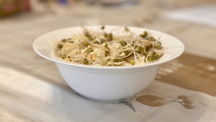 Microgreens. Fresh mung bean sprouts with cabbage on a white platter on the table in a vegetarian restaurant. Close-up
