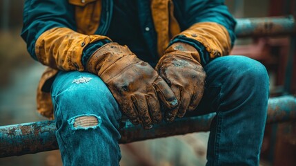 Person sits on rusty rail with gloves, jacket, ripped jeans, deep in thought