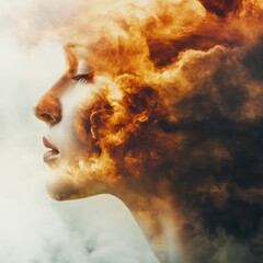 Profile of a serene woman with swirling clouds and fiery hues blending into her silhouette at sunset