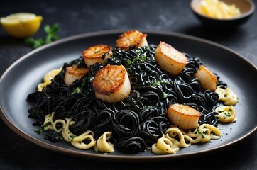 Seafood pasta dish with grilled scallops and black noodles garnished with herbs on a dark background