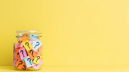 Glass Jar Filled With Colorful Question Mark Notes On A Bright Yellow Seamless Background With Copy Space For Text Ideal For Problem Solving And FAQ