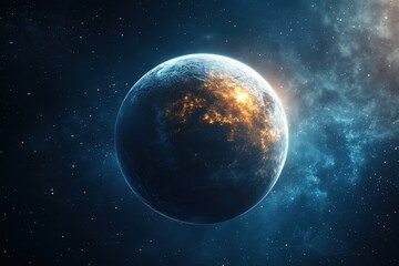 Obraz premium Cosmic view of a glowing planet surrounded by stars and cosmic dust in the night sky
