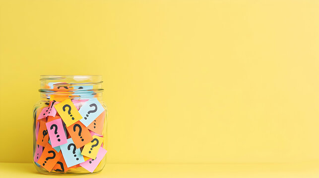 Glass Jar Filled With Colorful Question Mark Notes On A Bright Yellow Seamless Background With Copy Space For Text Ideal For Problem Solving And FAQ